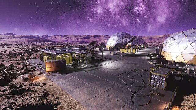 purple night sky lunar outpost domes illuminated landing platform and antenna arrays, reflective metallic surfaces and connected habitat modules, rover tracks