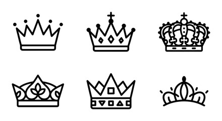 Royal crown icon set with 6 black line vector elements, minimalist king and queen headwear symbols, majestic imperial tiara and coronet illustrations © Shanjida