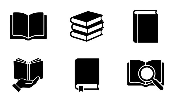 Minimalist book icon set, black solid education symbols, 6 vector elements for library and reading apps, flat academic literature graphics