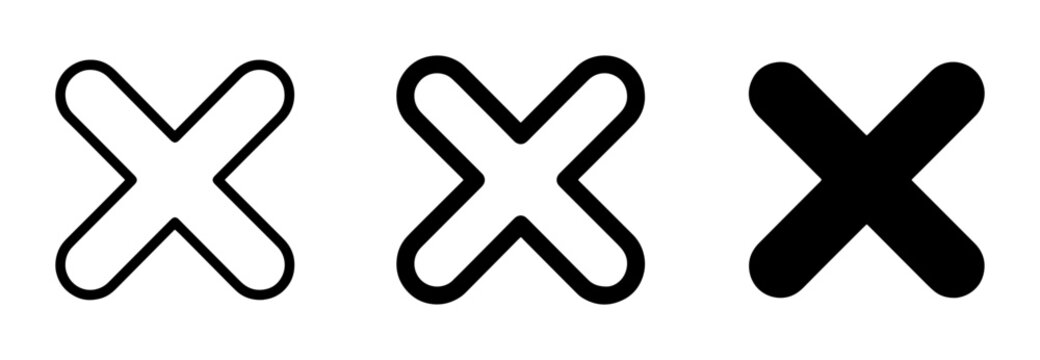 Minimalist cross icon set with three line weights, black close button symbols, simple delete and cancel marks for web and app interface design