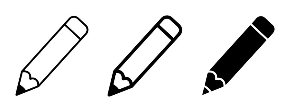 Minimalist pencil icon set with 3 vector elements, black outline and solid silhouette edit symbols, creative writing and drawing tools for interface design