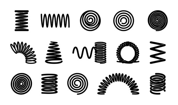 Black metal spring icons set, industrial coil and spiral wire vector elements, 15 flexible steel compression springs for engineering and mechanical design