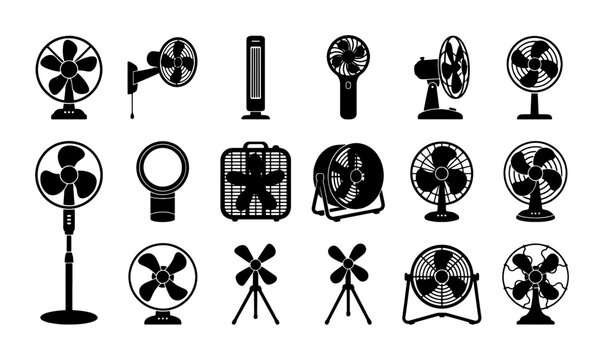 Electric fan icon set with 17 vector silhouettes, cooling appliance collection for home and office, black ventilation equipment symbols