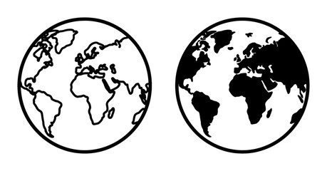 Minimalist world map globe icons, black and white earth planet vector set, global geography symbols for business and travel logistics © Ashikur