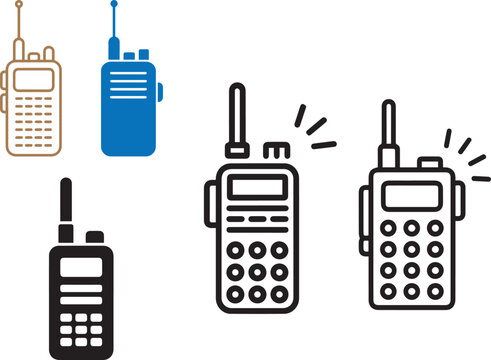 Walkie talkie radio communication icon set vector illustration handheld transceiver devices minimal line and solid style emergency service technology isolated on background