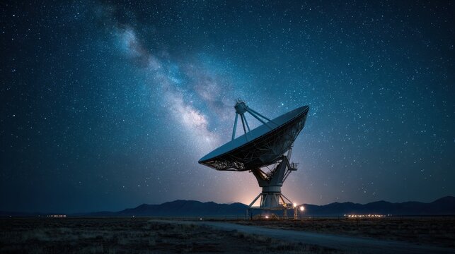Large radio telescope dish pointed at starry night sky with Milky Way galaxy over desert mountains astronomical observatory