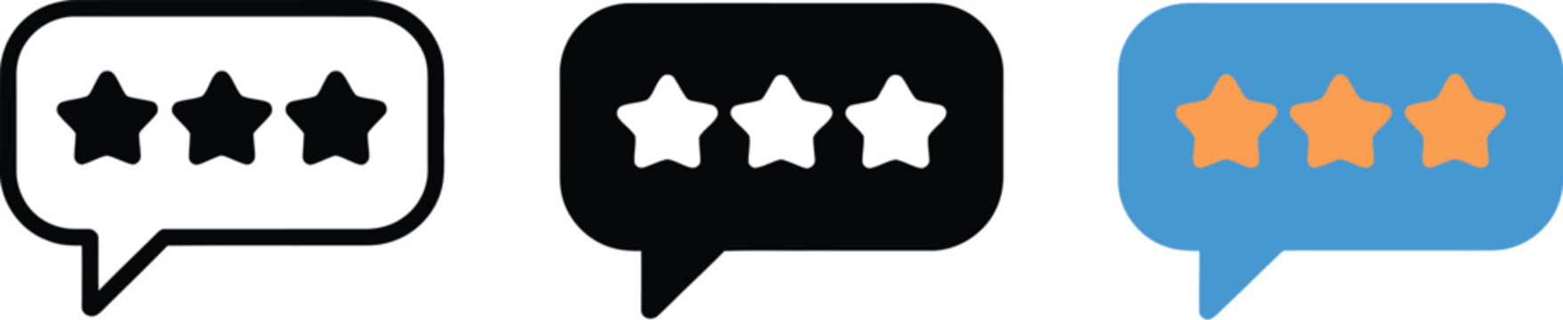Star rating speech bubble icon set, collection of review chat bubbles with star ratings on white background for feedback customer review and UI design.