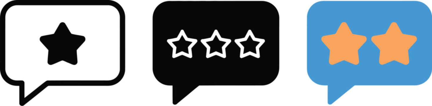 Star rating speech bubble icon set, minimalist vector illustration of speech bubbles with star ratings isolated on white background for rating system and user feedback design.