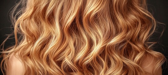 Fototapeta premium Golden Waves Cascade in Curly Tresses, Blonde Elegance Shines Bright Against Glowing Skin Background