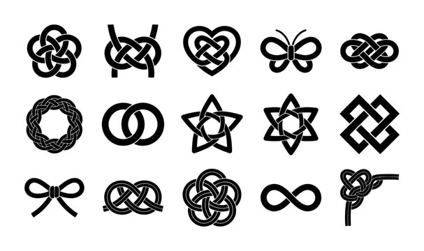 Celtic knot icons set, 15 black decorative rope symbols, ornamental infinity loops and geometric knotwork vector elements for logo design