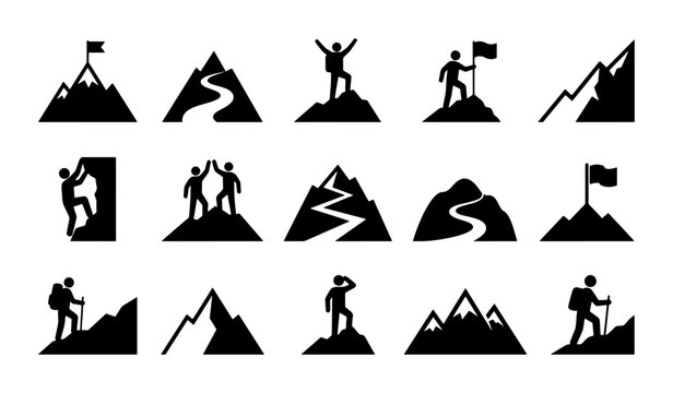 Mountain climbing icons set, 15 black vector silhouettes of hikers and peaks, business achievement and leadership concept symbols for infographics