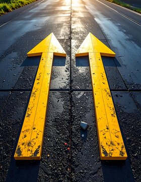 Sunny shot of two yellow directional arrows painted on an asphalt road