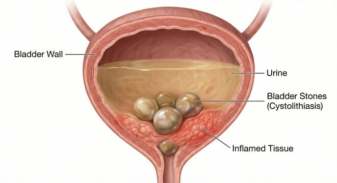 Cystitis kidney bladder stones medical visualization features round bladder calculi causing local irritation and wall inflammation, detailed urinary tract education render