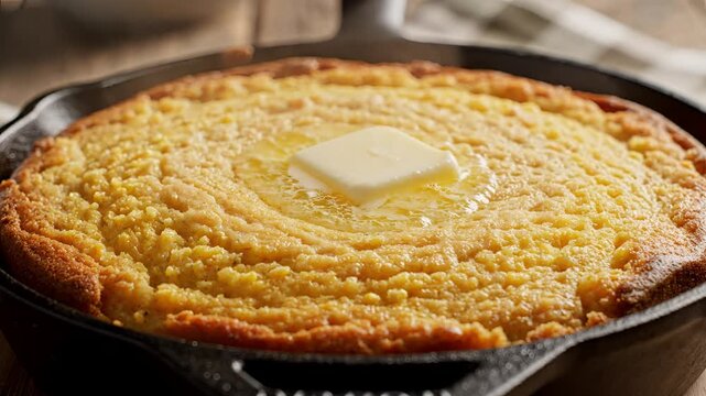 Delicious Golden Cornbread Baked in a Cast Iron Skillet with Melting Butter.