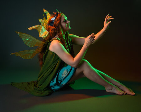 portrait of female model wearing fantasy fairy costume, green dress, cloak, butterfly wings and crown. full length sitting pose, kneeling on floor, dark studio background.
