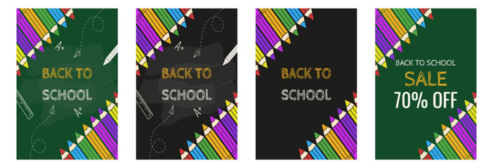 Set Back to School vertical Poster cover. Vector Back to School background with blackboard doodle element pencil frame and chalk message. Perfect for Education poster and Sale flyer EPS 10 © Svetlana
