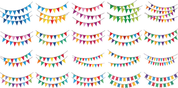 Colorful Party Bunting Flags Set with Hanging Garland Decorations for Celebration Events, Festivals, Birthday Parties, and Festive Banner Design Illustration