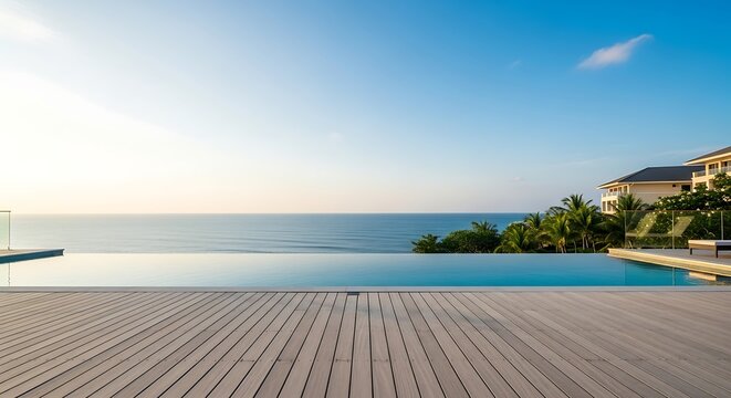 Luxurious infinity pool overlooking the ocean at sunset, creating a serene and tranquil atmosphere for a tropical getaway