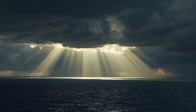 dramatic ocean sunset with sun rays piercing through stormy clouds vector illustration