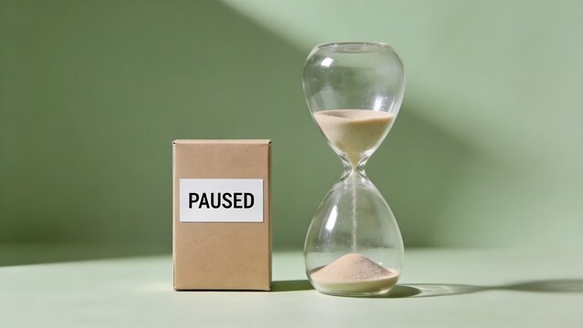 Sand timer next to a cardboard box labeled paused symbolizes a moment of temporary suspension or interruption in the flow of time