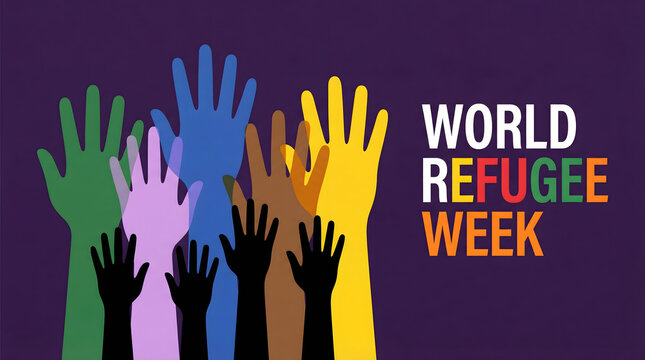 World Refugee Week colorful hands up background
