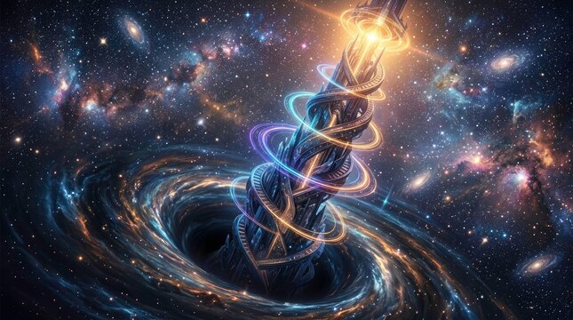 Abstract illustration of a cosmic structure in space with galaxies in background.