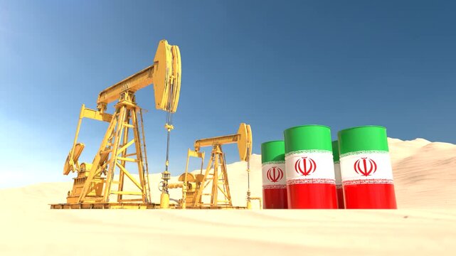 Industrial oil pump jacks with Iran barrels in arid desert environment, Petroleum industry and energy production. 3D Render