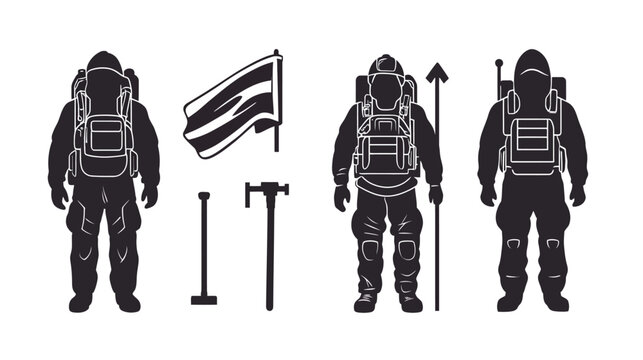 Silhouetted figures of hazmat suit-clad individuals and a waving flag with tools on white