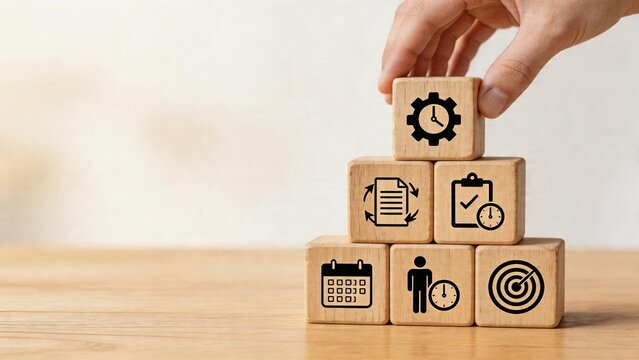Business man stacking wooden blocks with time management planning goal setting and productivity icons symbolizing corporate strategy execution process for office projects