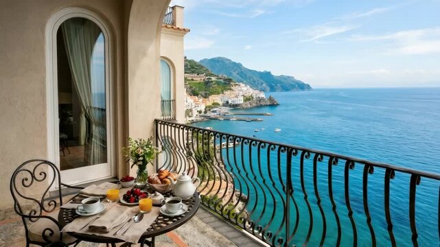Elegant balcony breakfast with stunning Amalfi Coast sea views