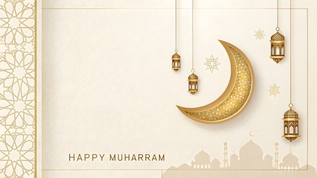Happy muharram greeting card with golden crescent moon and lanterns