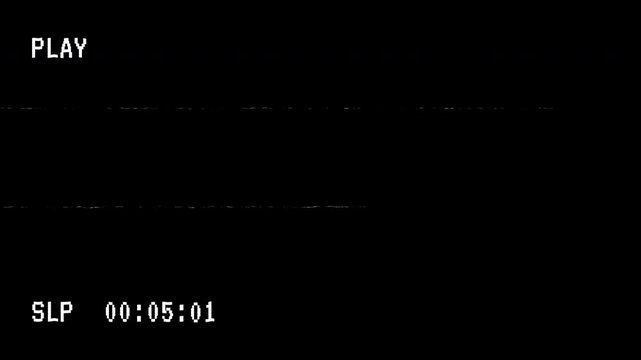 Retro vhs glitch effect with play button overlay, play vhs indicator on a black background. 4k animation with alpha channel. 