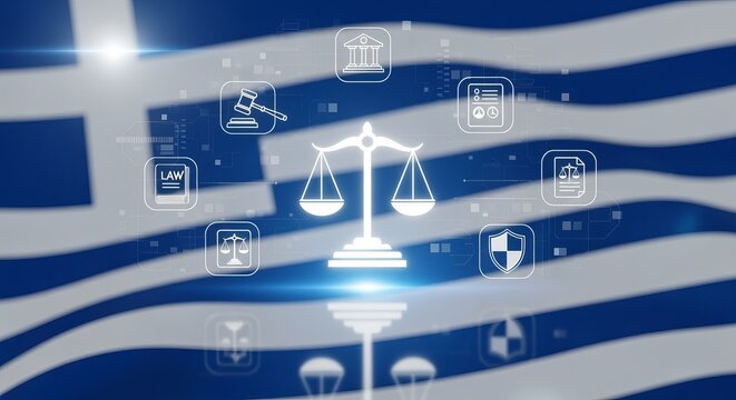 Futuristic Visualization of Greece s Legal System Courts, Justice Scales, and Advanced Technology