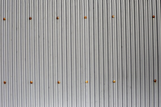 Gray corrugated metal sheet with rusty nail heads.