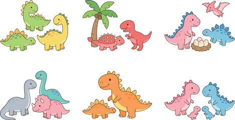 A charming collection of cute cartoon dinosaur characters in various scenes featuring mother and baby dinosaurs, prehistoric plants, eggs, and family groups isolated on white. © MdMojnu