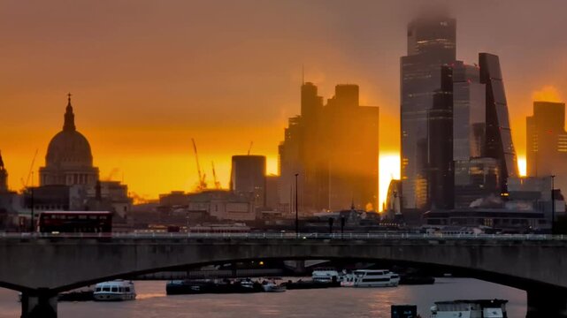 London skyline at sunset with St Paul&rsquo;s Cathedral and modern city buildings Golden evening light over the Thames River highlighting historic dome architecture alongside contemporary financial District