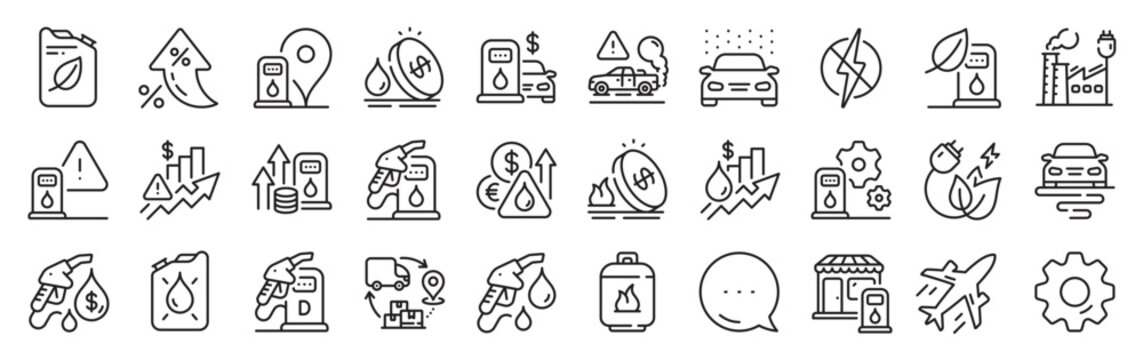 Gas station line icons. Settings gear, Message, Inflation icons. Petrol canister, diesel fuel and gas cylinder set. Eco leaf, Fuel station and petrol canister line icons. Vector