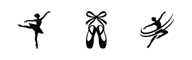 Set of elegant black silhouettes featuring a ballerina in graceful poses and pointe shoes on a white background, perfect for dance studio logos. © Lili