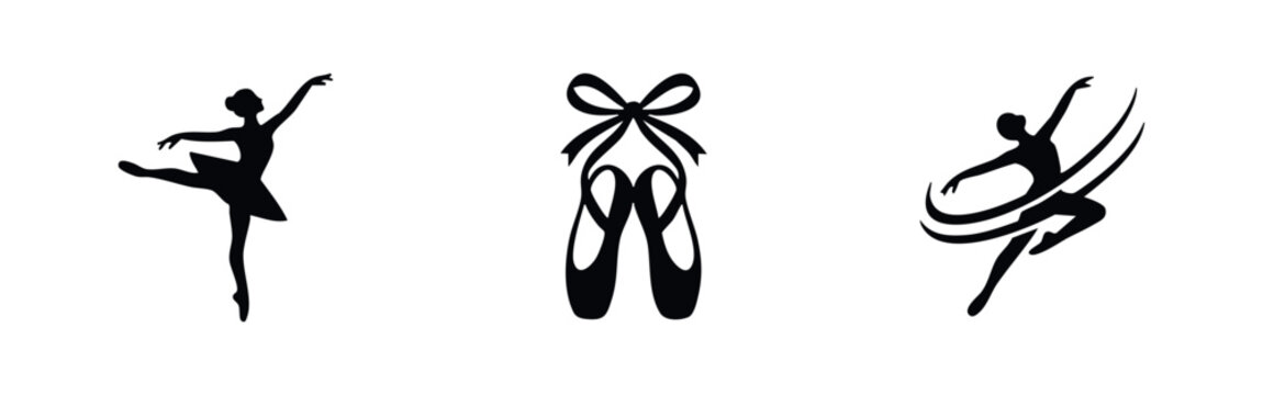 Set of elegant black silhouettes featuring a ballerina in graceful poses and pointe shoes on a white background, perfect for dance studio logos.