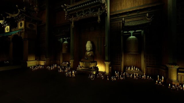Votive candle offering before Buddha statue, rows of lit candles and small offerings surrounding ornate altar, incense tendrils and diffuse amber light, sense