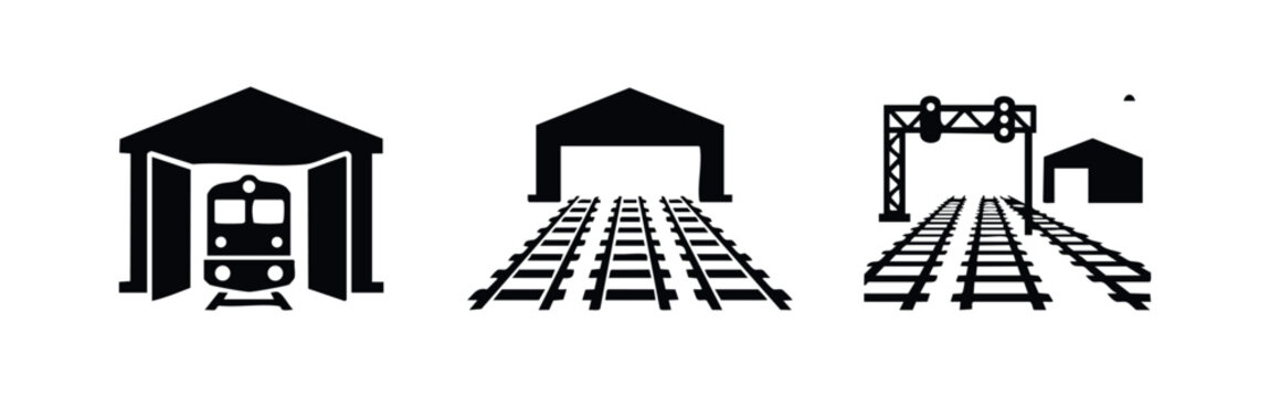 Minimalist black and white icons of a train station, railway tracks, and a train hangar. Ideal for transportation and logistics design projects.