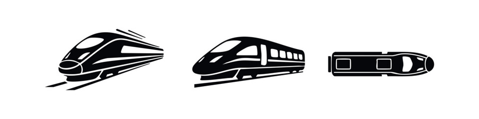 Set of modern high-speed train icons in black silhouette. Includes dynamic front view, side perspective, and top-down plan view on a white background. © Lili