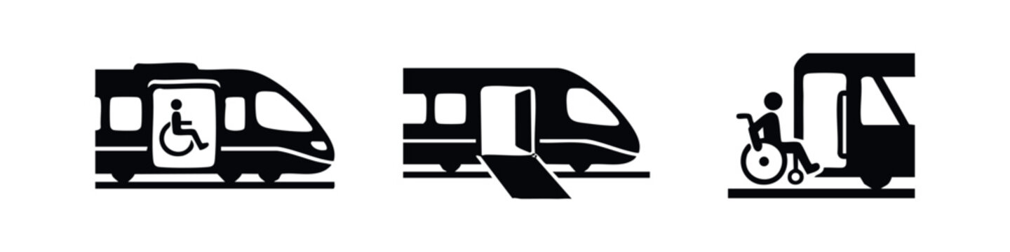 Set of black icons illustrating wheelchair accessibility for public transport, featuring a train with a ramp and designated disability access signs.