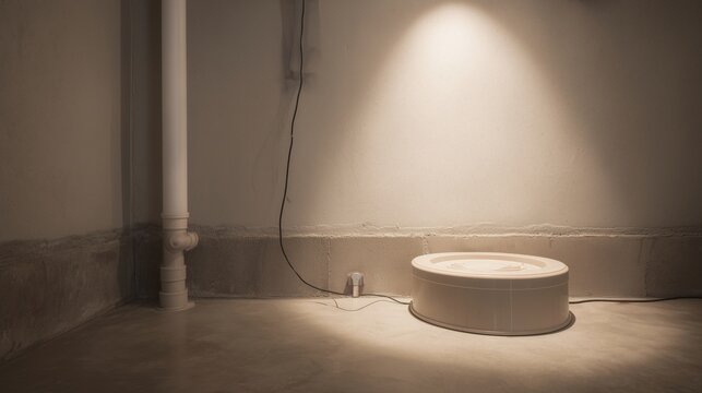 Basement sump pit and pump installation scene with pipe, power cord, concrete floor and focused light highlighting drainage setup and maintenance context.