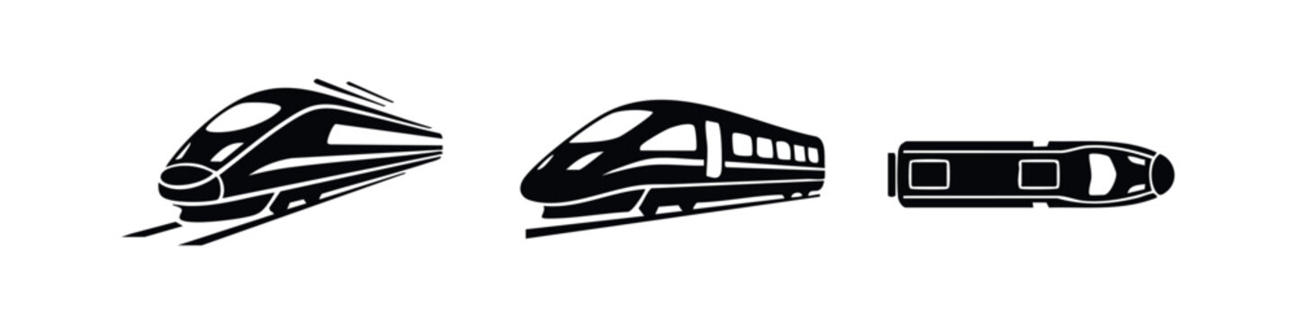 Set of modern high-speed train icons in black silhouette. Includes dynamic front view, side perspective, and top-down plan view on a white background.