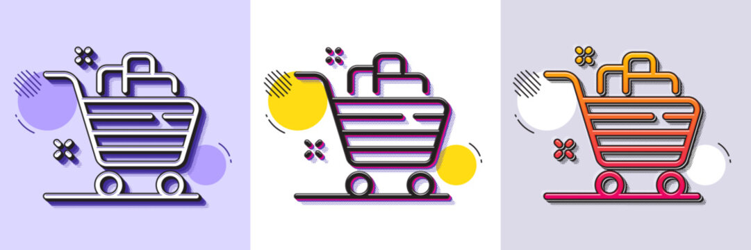 Grocery basket line icon. Halftone dotted pattern. Gradient icon with grain shadow. Shopping cart sign. Food market symbol. Line grocery basket icon. Various designs. Vector