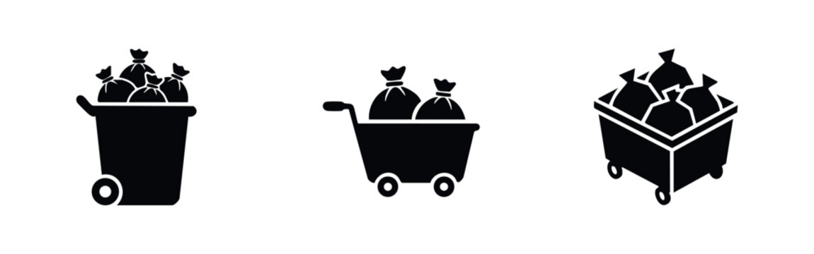 Set of black silhouette icons for waste management and garbage collection, featuring a trash bin and carts filled with bags on a white background.