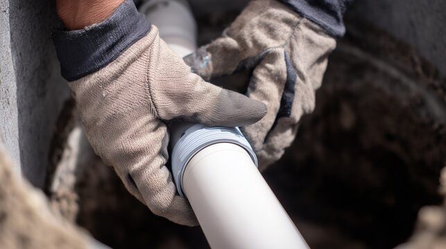 Gloved plumber hands fitting pvc pipe into a sump pump discharge line at a basement pit, showing sump pump installation and waterproofing work.