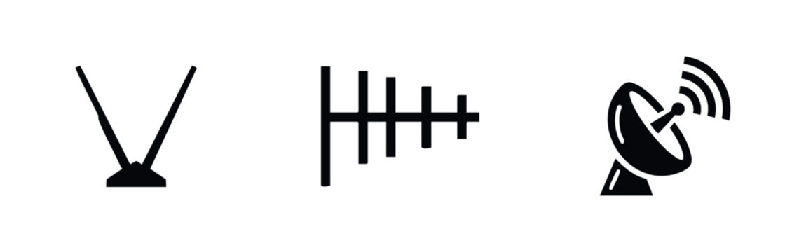 Set of black minimalist antenna icons including rabbit-ear, outdoor TV aerial, and satellite dish with signal waves on a white background.
