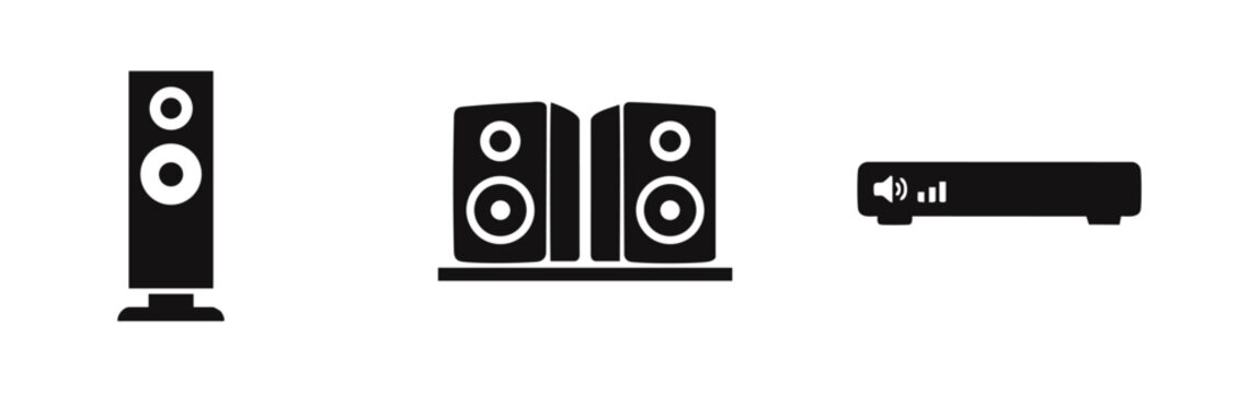 Minimalist black silhouette icons of home audio equipment including tower speakers, bookshelf speakers, and a receiver on a white background.